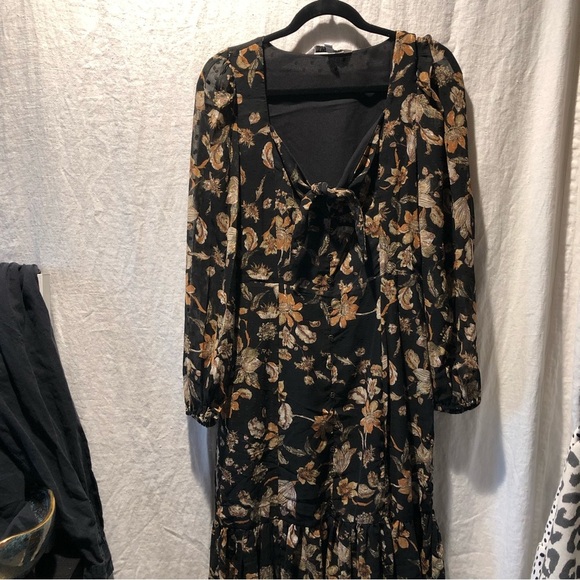 Walter Baker Sophia almost maxi dress black floral and tan lined tie front 4 - Picture 3 of 14